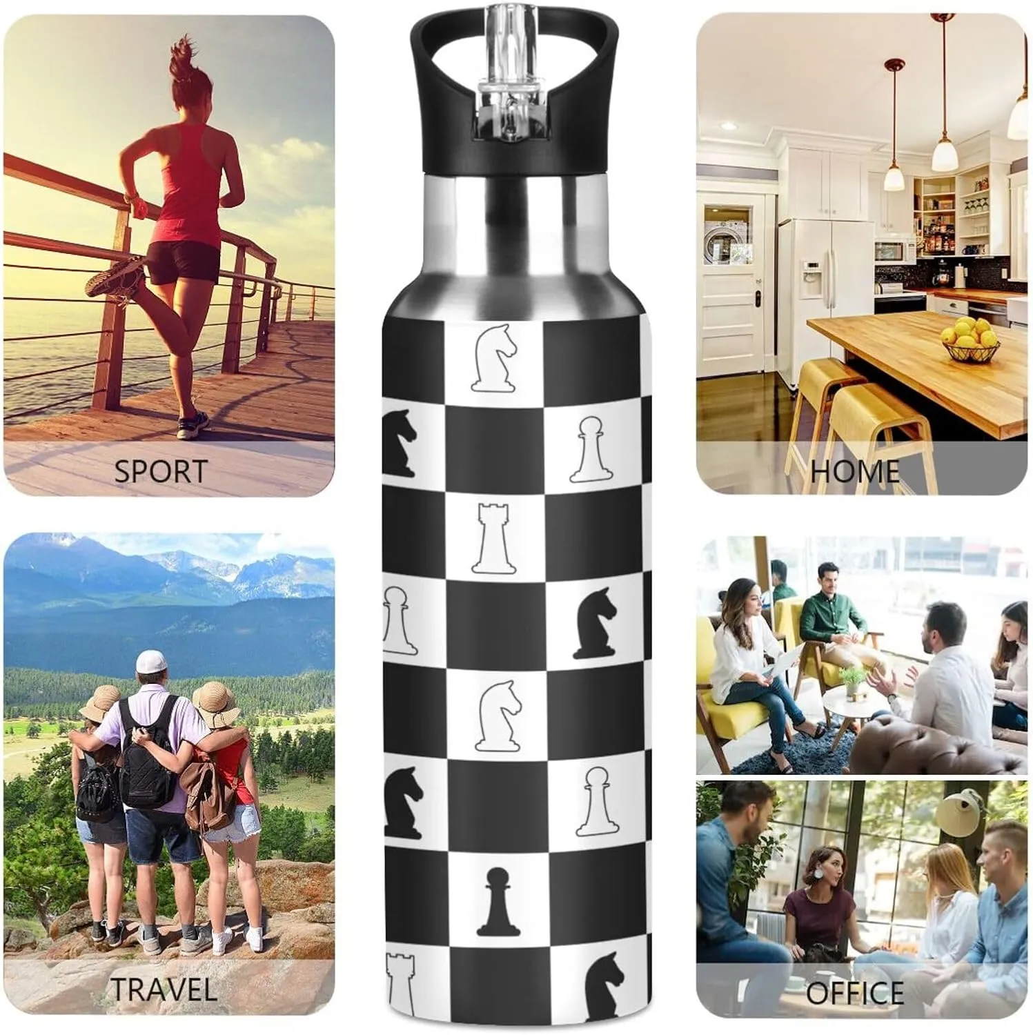 Chess Background Water Bottle with Straw Lid,Leakproof Vacuum Insulated Stainless Steel,20 Oz Hot Cold Thermal Flask Drinking Bottle for Gym Fitness Outdoor Sport