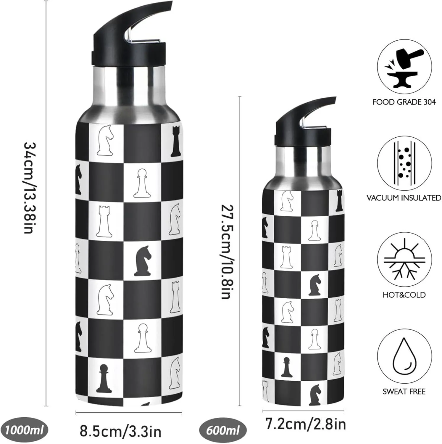 Chess Background Water Bottle with Straw Lid,Leakproof Vacuum Insulated Stainless Steel,20 Oz Hot Cold Thermal Flask Drinking Bottle for Gym Fitness Outdoor Sport