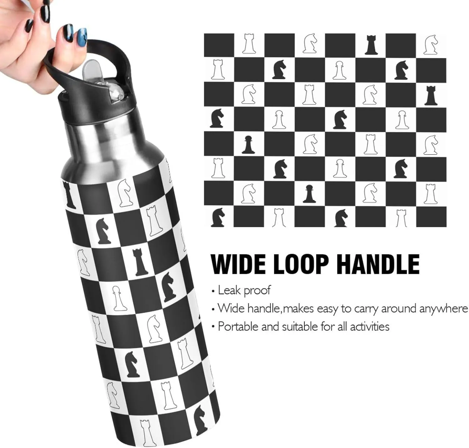 Chess Background Water Bottle with Straw Lid,Leakproof Vacuum Insulated Stainless Steel,20 Oz Hot Cold Thermal Flask Drinking Bottle for Gym Fitness Outdoor Sport