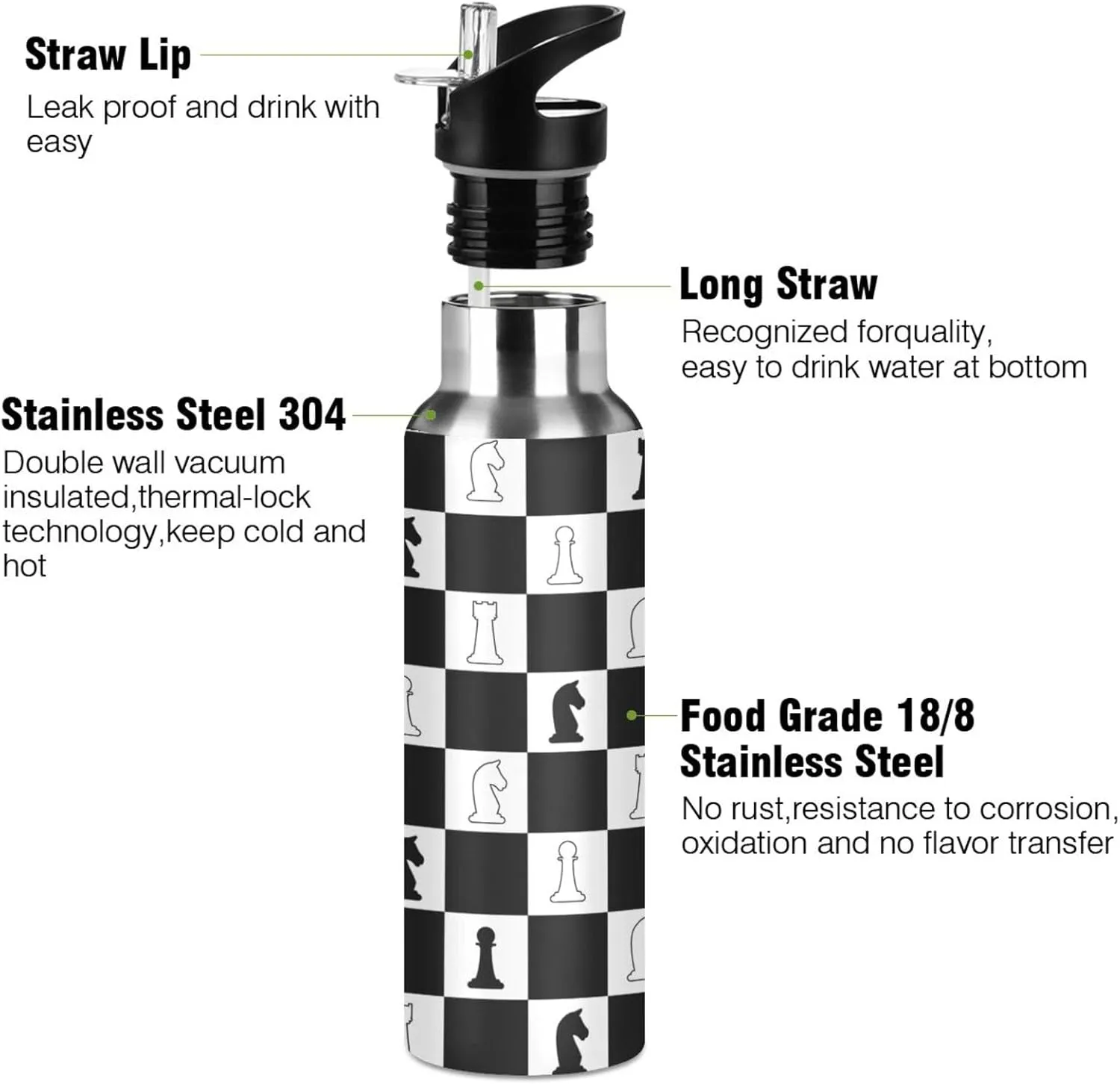 Chess Background Water Bottle with Straw Lid,Leakproof Vacuum Insulated Stainless Steel,20 Oz Hot Cold Thermal Flask Drinking Bottle for Gym Fitness Outdoor Sport