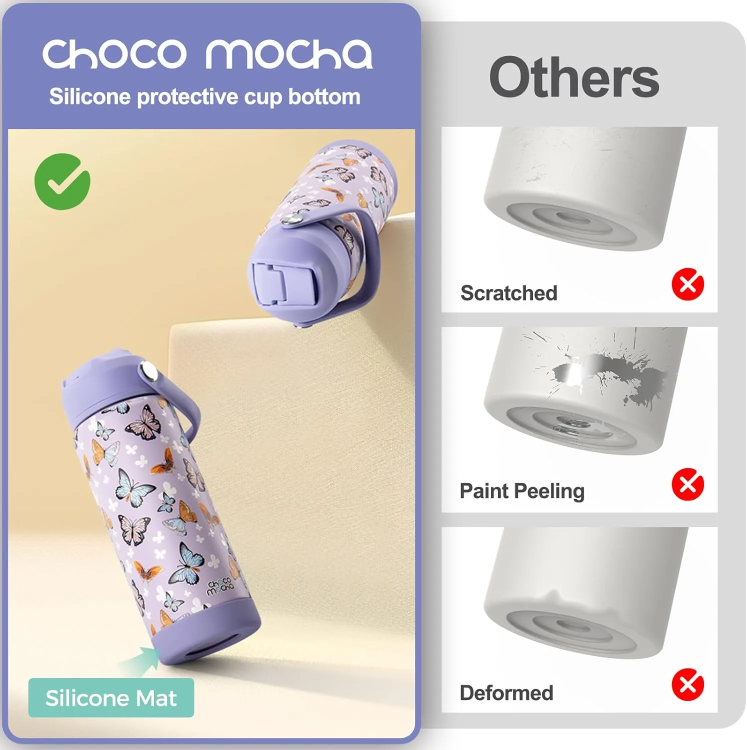 Choco Mocha Kids Water Bottle For School, Kids Insulated Butterfly Water Bottle Stainless Steel for Girls, 18Oz Pink & Green