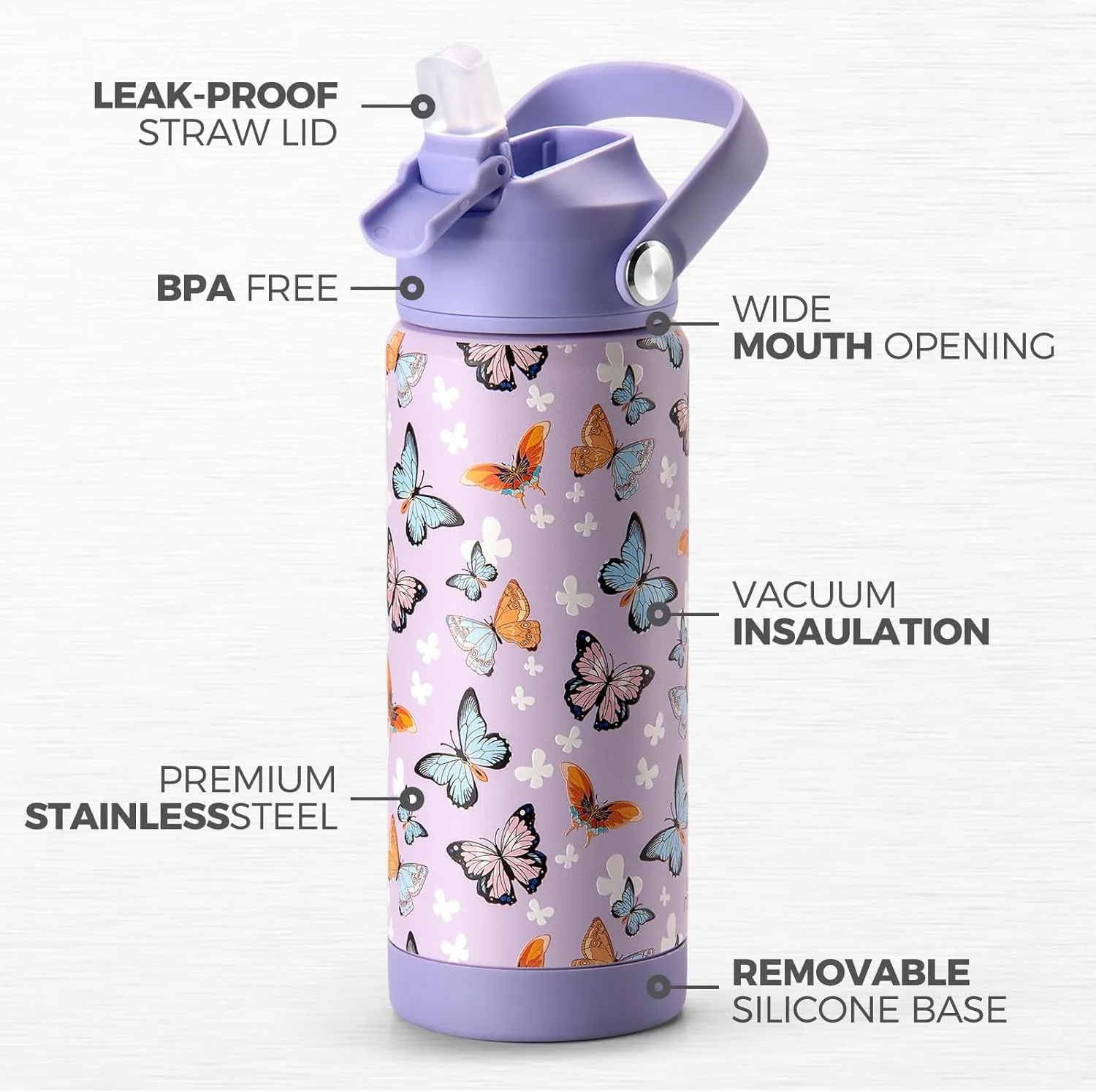 Choco Mocha Kids Water Bottle For School, Kids Insulated Butterfly Water Bottle Stainless Steel for Girls, 18Oz Pink & Green