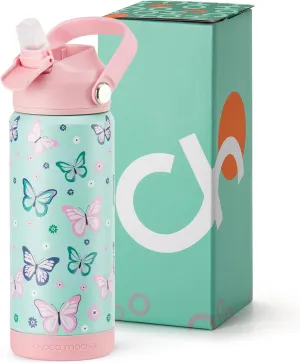 Choco Mocha Kids Water Bottle For School, Kids Insulated Butterfly Water Bottle Stainless Steel for Girls, 18Oz Pink & Green