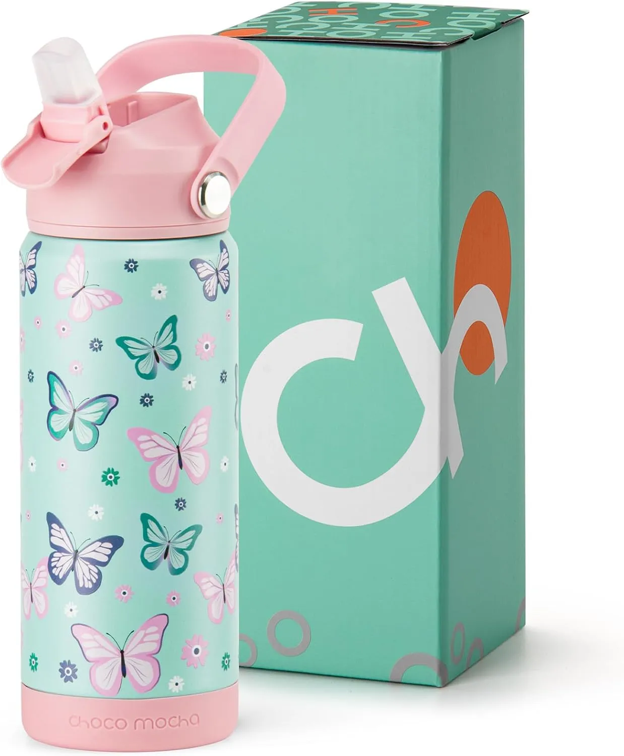 Choco Mocha Kids Water Bottle For School, Kids Insulated Butterfly Water Bottle Stainless Steel for Girls, 18Oz Pink & Green