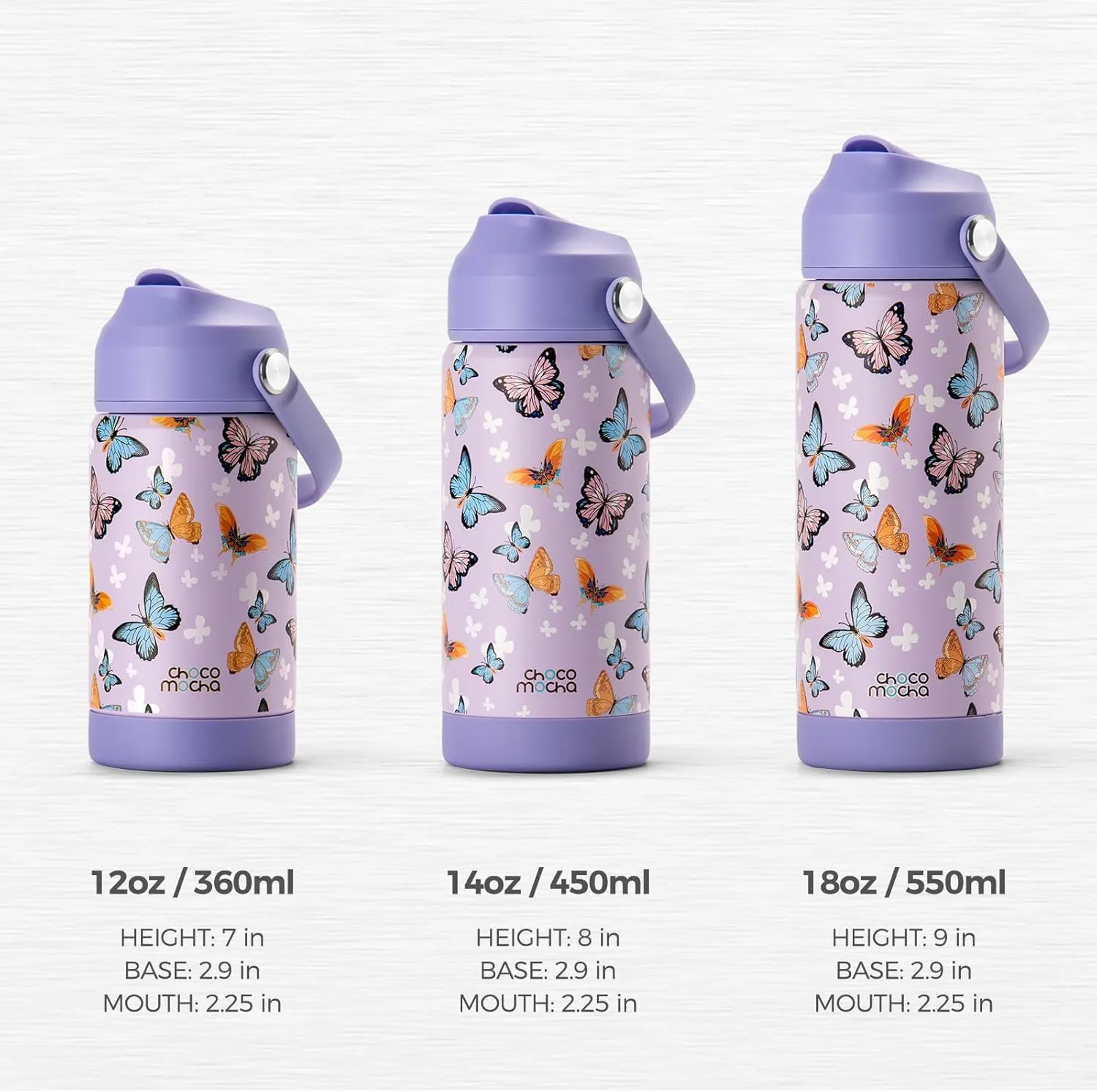 Choco Mocha Kids Water Bottle For School, Kids Insulated Butterfly Water Bottle Stainless Steel for Girls, 18Oz Pink & Green