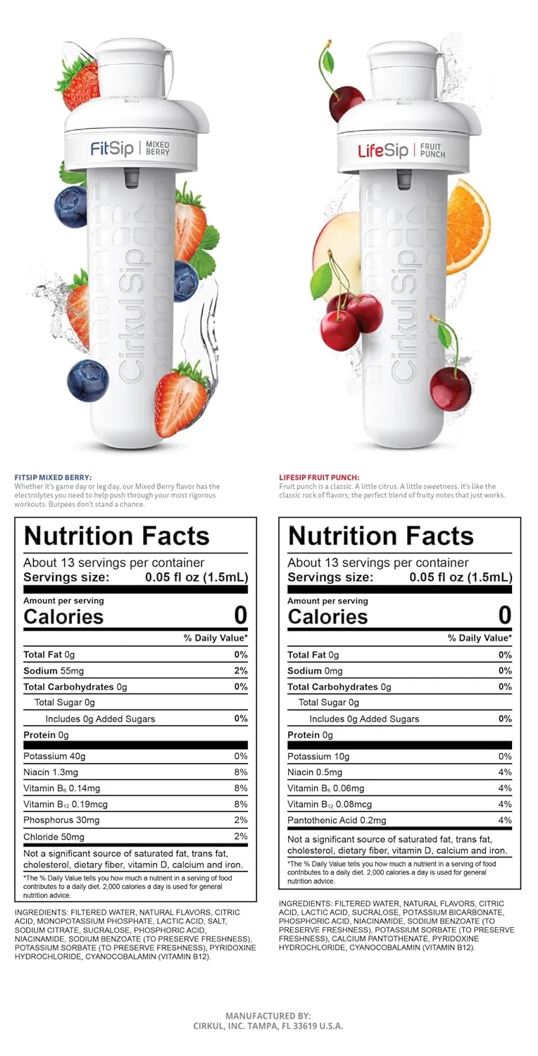 Cirkul 22oz. BPA-Free Plastic Water Bottle Starter Kit with Blue Lid, 2 Flavor Cartridges (1 LifeSip Fruit Punch, 1 FitSip Mixed Berry) Zero Calories and No Sugar