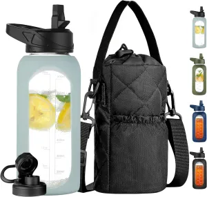 CIVAGO 32 oz Glass Water Bottle with Straw and Insulated Bottle Holder Sling, Motivational Water jug with Time Marker and Silicone Sleeve, Water Flask with 2 Lids for Walking and Gym Sage