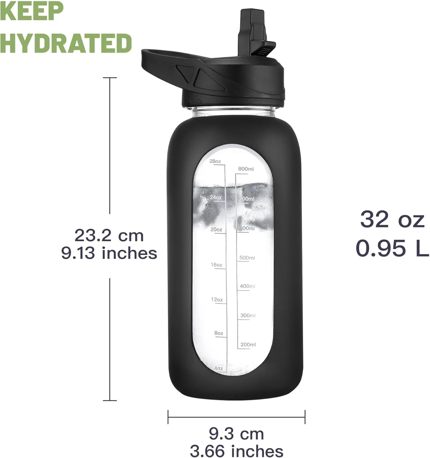 CIVAGO 32 oz Glass Water Bottle with Straw and Insulated Bottle Holder Sling, Motivational Water jug with Time Marker and Silicone Sleeve, Water Flask with 2 Lids for Walking and Gym Sage