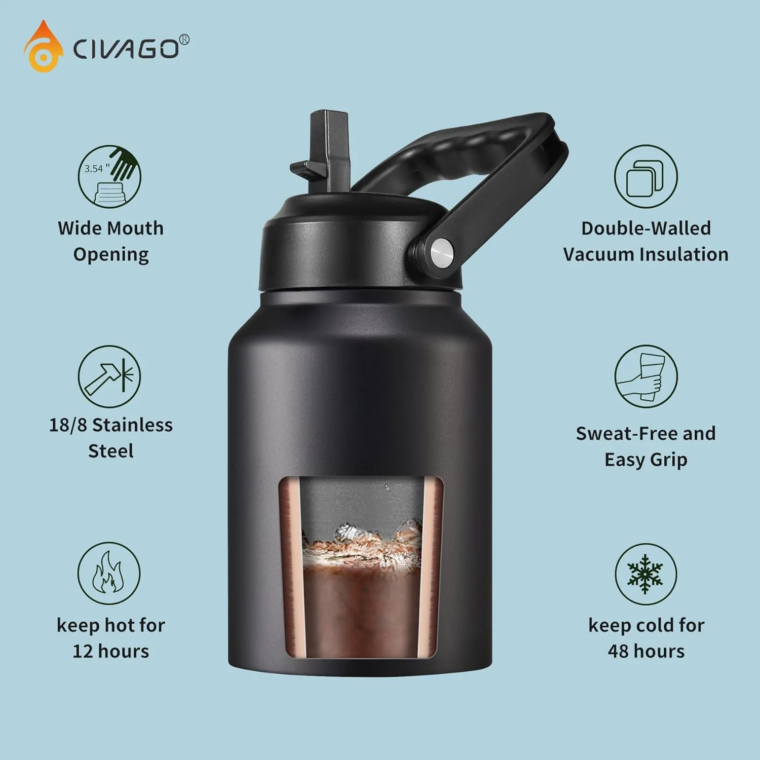 CIVAGO Gallon Insulated Water Bottle Jug with Straw, 128 oz Large Stainless Steel Sports Metal Water Canteen with Handle, Big Thermal Water Cup Mug with 2 Lids for Camping & Fishing, Dark Rainbow