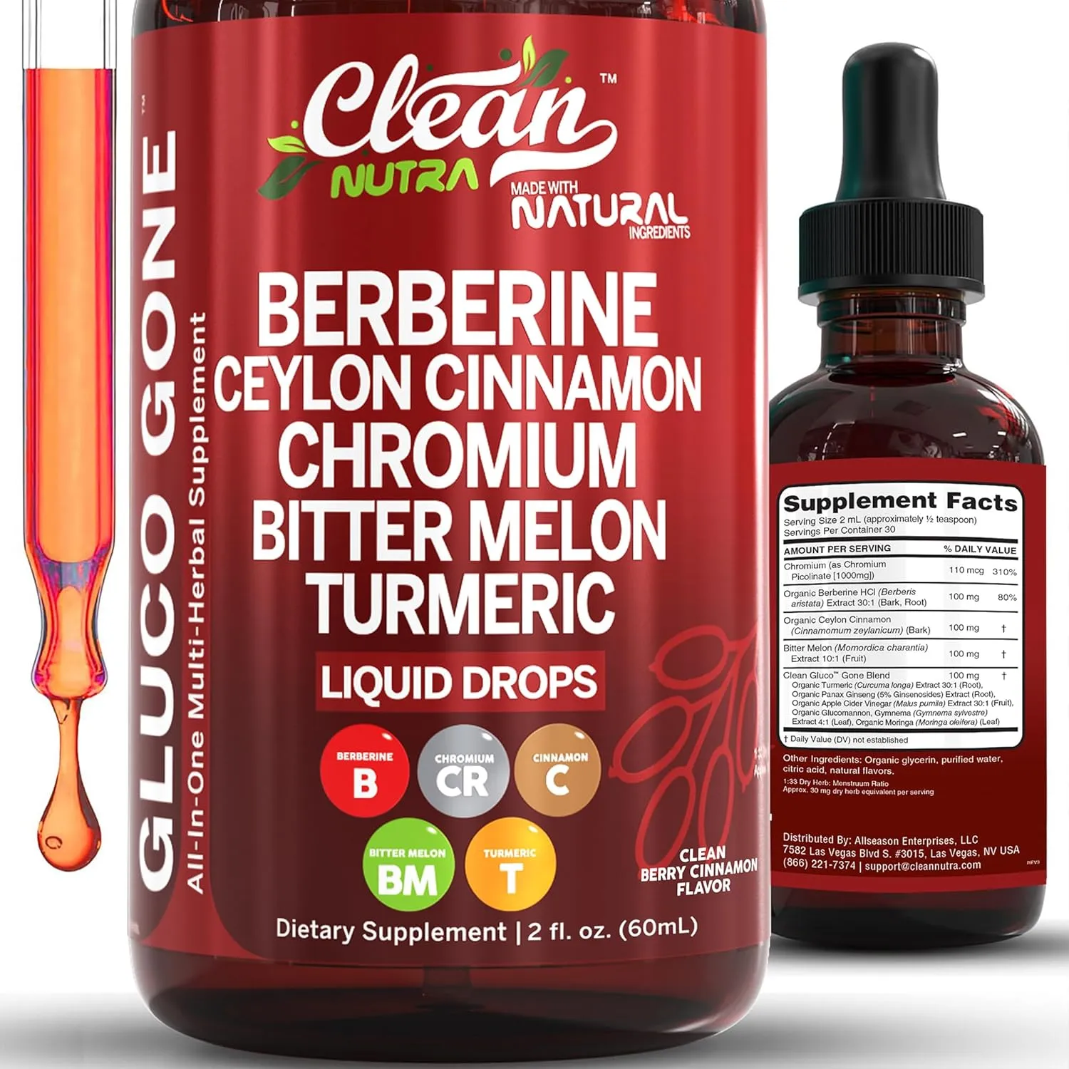 Clean Nutra Berberine with Ceylon Cinnamon Supplement Liquid Drops   Bitter Melon Extract, Glucomannan, Gymnema, Chromium, Turmeric, Organic Panax Ginseng, Moringa GLP-1 Support