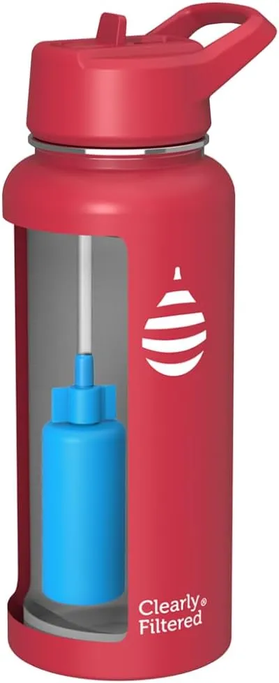 Clearly Filtered Water Bottle | Removes 220  Contaminants, Double-Wall Insulated Stainless Steel, BPA/BPS Free, Phthalate Free, Filters Flouride Lead Chlorine (32oz, Crimson)