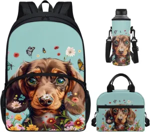 CLOHOMIN Dachshund Backpack with Lunch Box Kids Girls 2nd Grade School Book Bag Set Dog Lunch Tote Bag Water Bottle Bag Elementaty School Bags Age 7-10, 3 in 1 Floral Bookbag for School, Blue