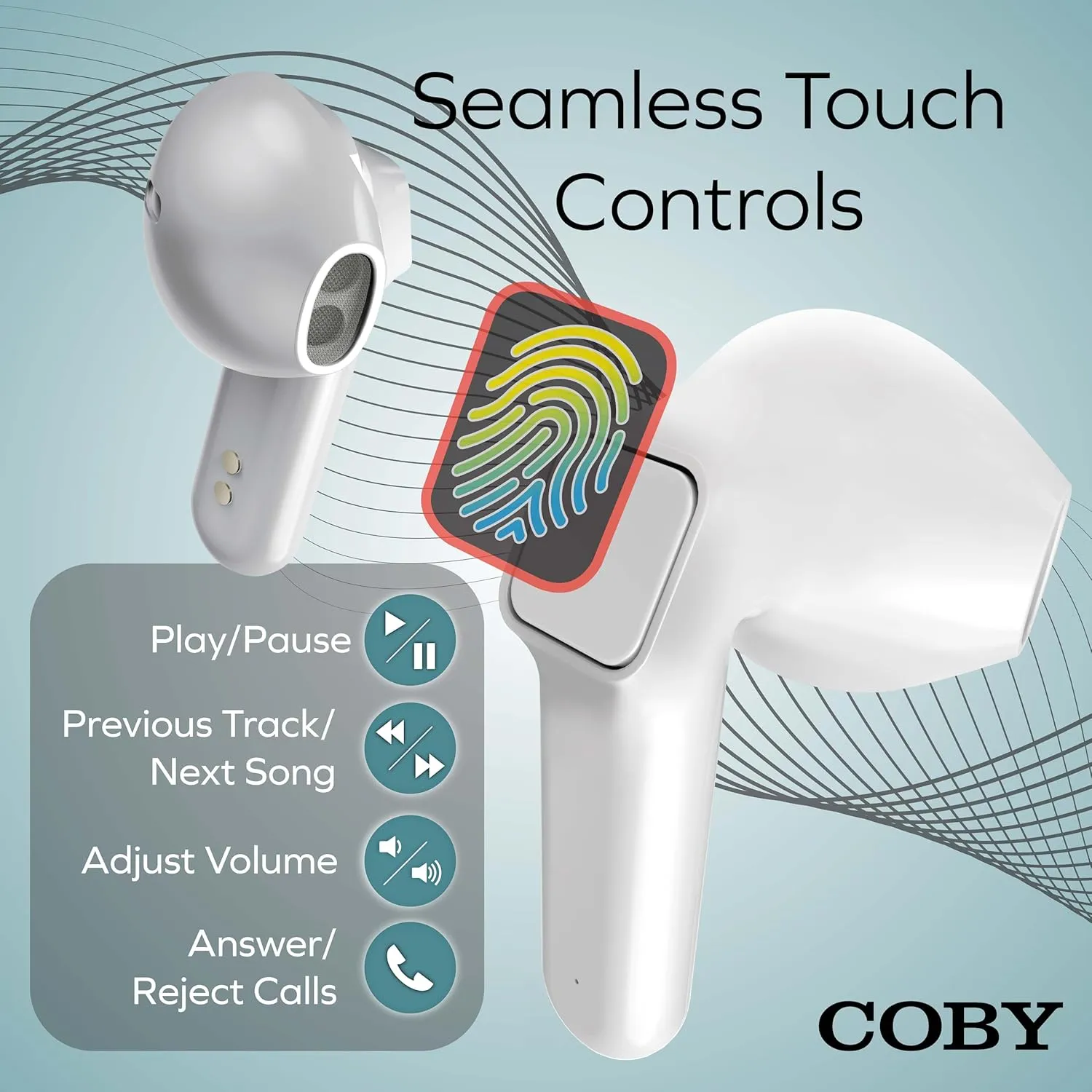Coby Sweat-Resistant True Wireless Earbuds | in-Ear Bluetooth Earphones | 12H Playtime | Voice Assistant Support | Noise-Isolating | Built-in Mic | Dedicated Audio Controls (White)