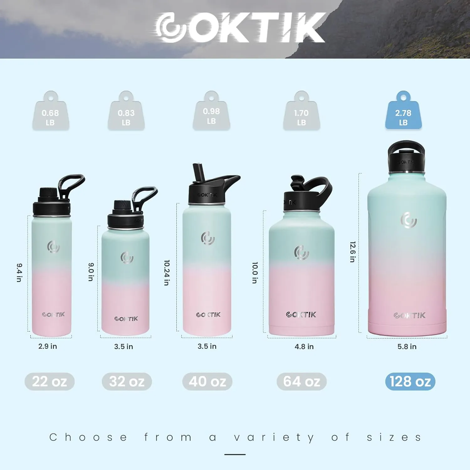 COKTIK 128 oz/One Gallon Water Bottle Insulated, Double Walled Vacumm Metal Stainless Steel Sports Water Bottle with Reusable 2 Lids for Sports, Gym, Fitness or Office(Bubble Gum)