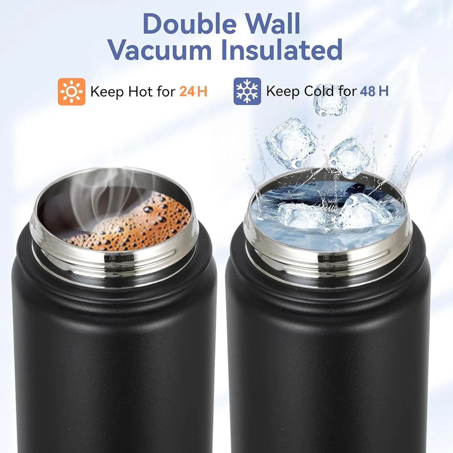 Cold Water Drink Water Bottle with Stainless Steel,Wide Mouth Vacuum Thermos Flask with BPA-free,Metal Vacuum Flask with Straw Lid and Leak Proof,BPA-Free,Travel、Gym & Sports