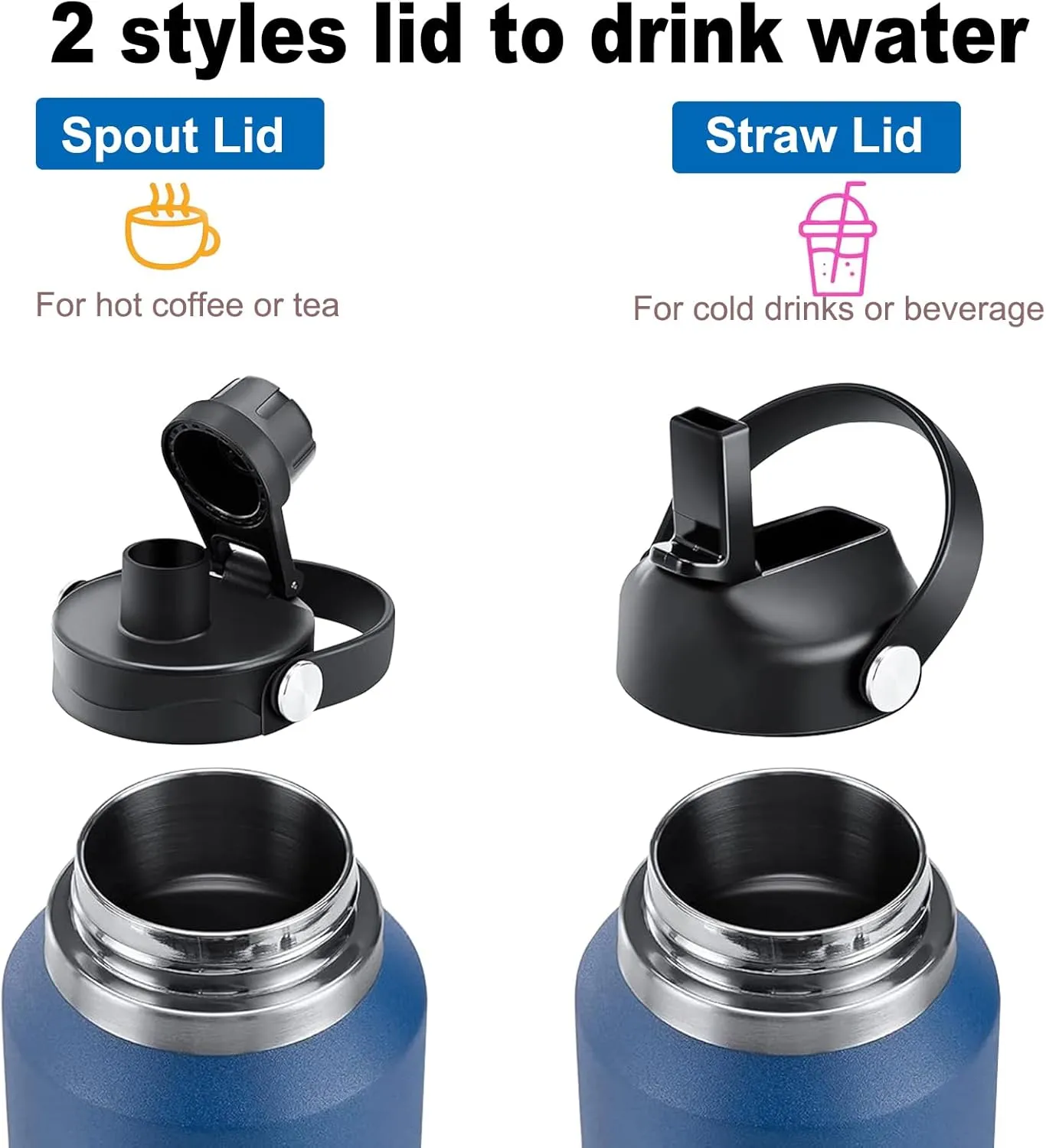 Cold Water Drink Water Bottle with Stainless Steel,Wide Mouth Vacuum Thermos Flask with BPA-free,Metal Vacuum Flask with Straw Lid and Leak Proof,BPA-Free,Travel、Gym & Sports