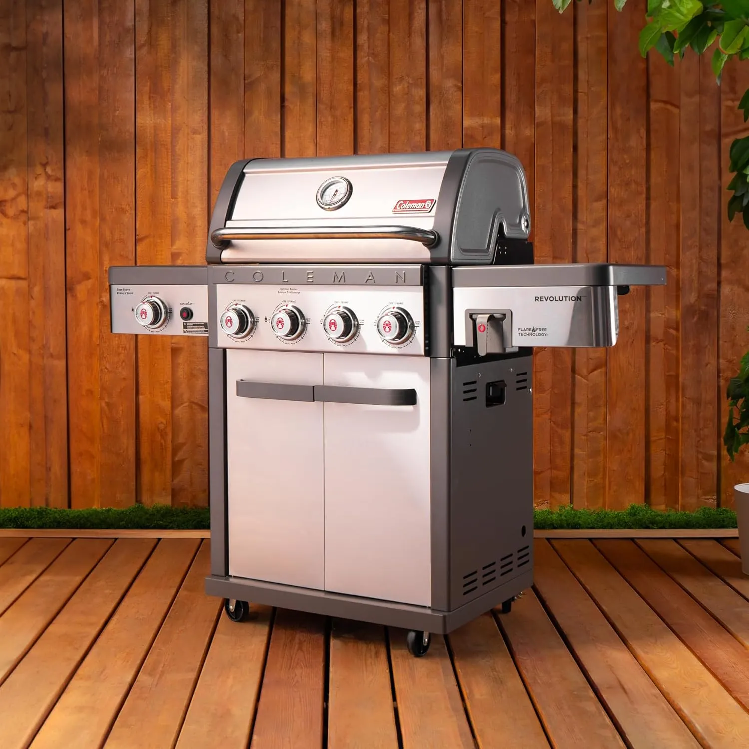 Coleman Revolution 4-Burner Gas Grill with Side Burner, 50,000 BTU Propane Grill with 680-Sq. In. Total Cooking Surface, Flare-Free Grates, and 4-Wheel Compact Cart, Portable BBQ in Stainless/Gray