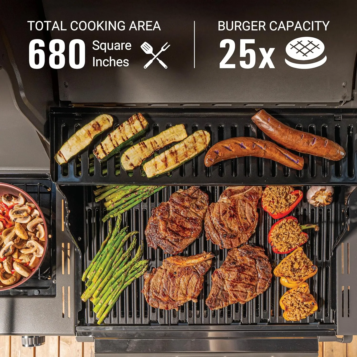 Coleman Revolution 4-Burner Gas Grill with Side Burner, 50,000 BTU Propane Grill with 680-Sq. In. Total Cooking Surface, Flare-Free Grates, and 4-Wheel Compact Cart, Portable BBQ in Stainless/Gray
