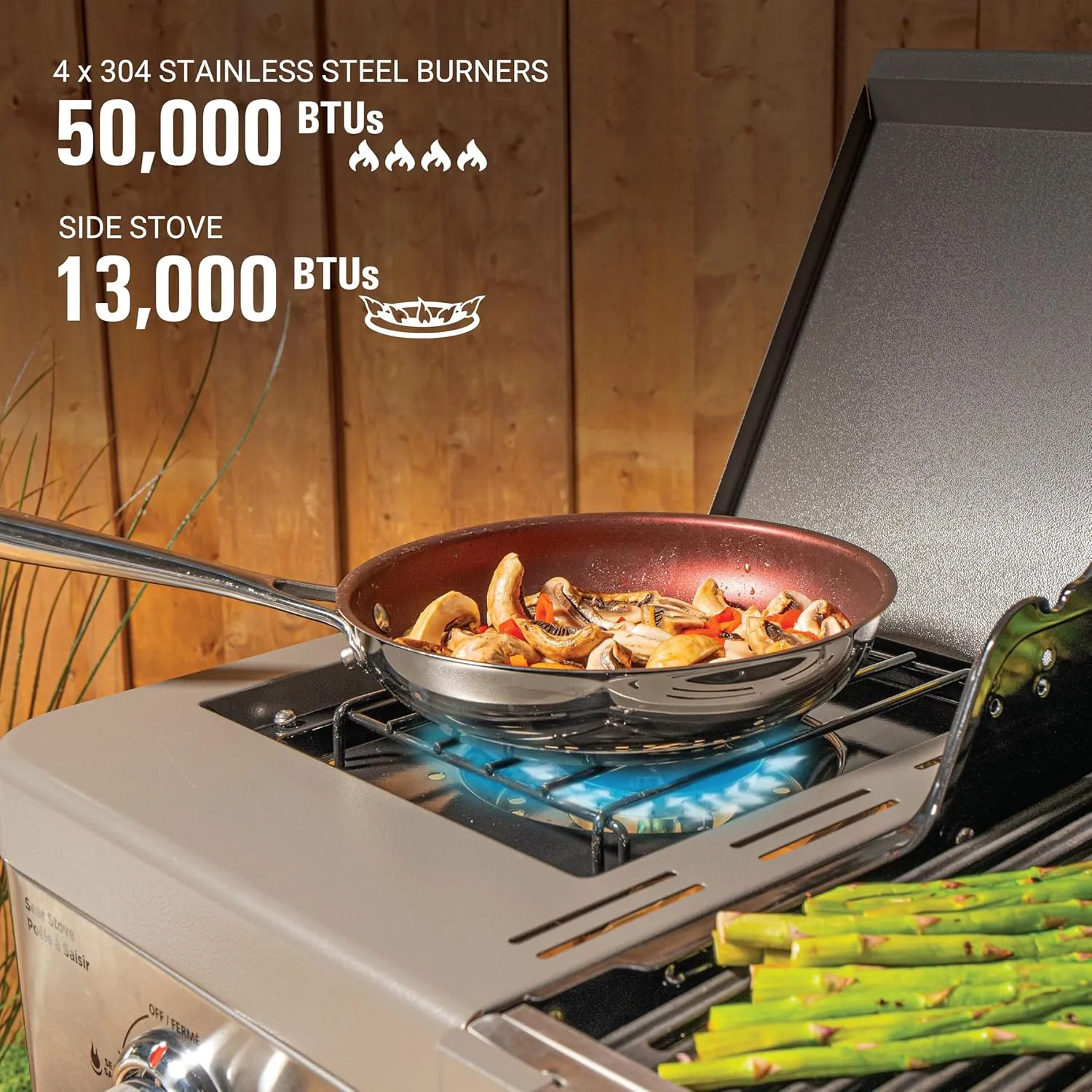 Coleman Revolution 4-Burner Gas Grill with Side Burner, 50,000 BTU Propane Grill with 680-Sq. In. Total Cooking Surface, Flare-Free Grates, and 4-Wheel Compact Cart, Portable BBQ in Stainless/Gray