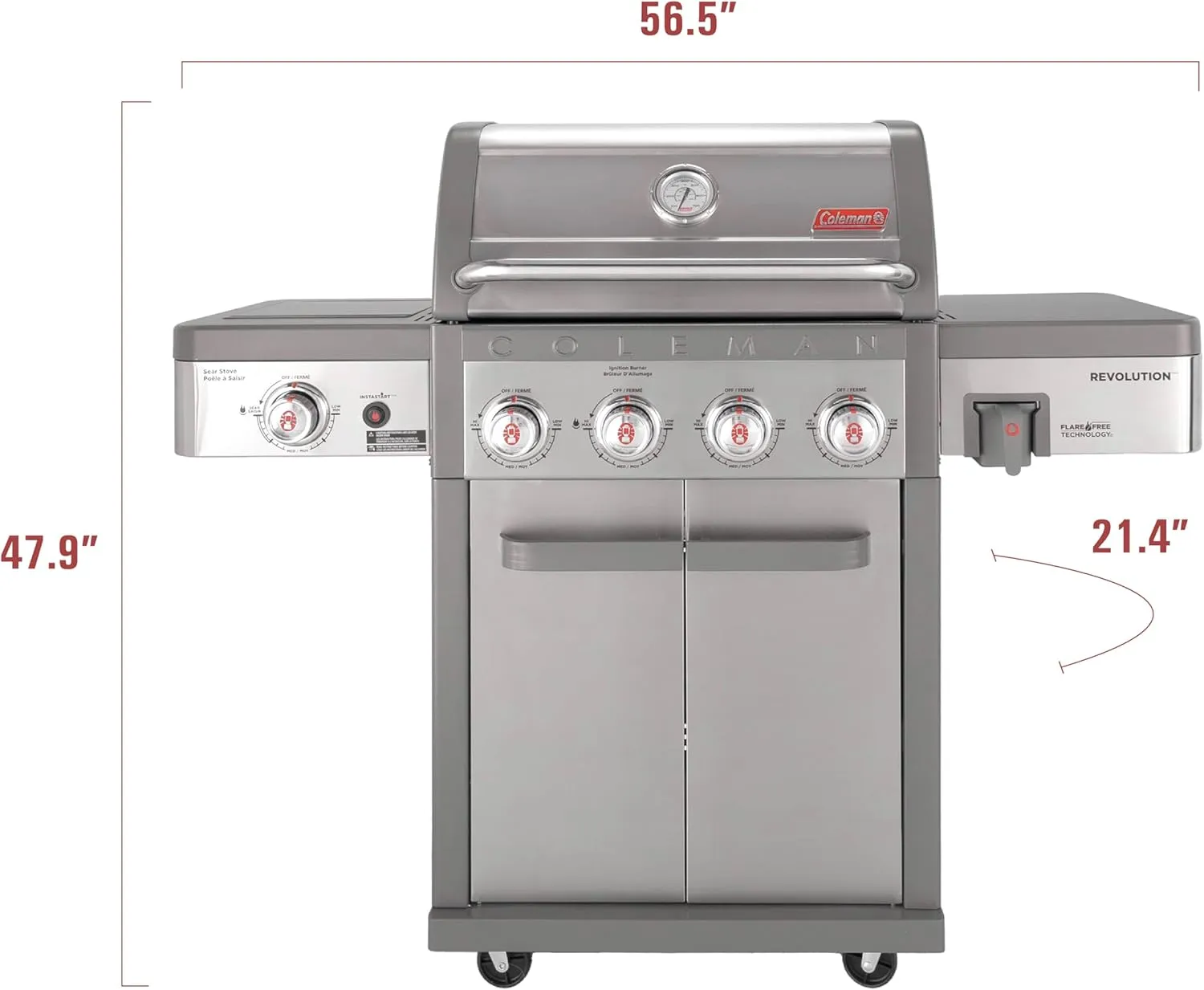 Coleman Revolution 4-Burner Gas Grill with Side Burner, 50,000 BTU Propane Grill with 680-Sq. In. Total Cooking Surface, Flare-Free Grates, and 4-Wheel Compact Cart, Portable BBQ in Stainless/Gray