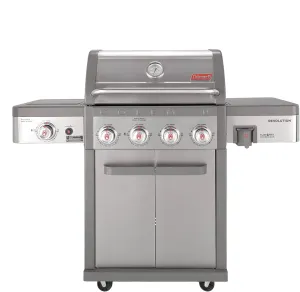 Coleman Revolution 4-Burner Gas Grill with Side Burner, 50,000 BTU Propane Grill with 680-Sq. In. Total Cooking Surface, Flare-Free Grates, and 4-Wheel Compact Cart, Portable BBQ in Stainless/Gray