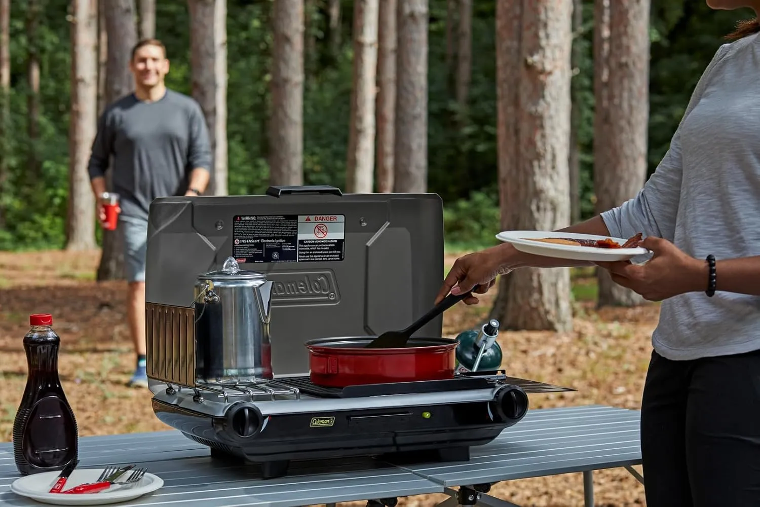 Coleman Tabletop 2-in-1 Grill & Stove with 2 Adjustable Burners Propane Grill/Stove with Push-Button Starter Wind Guards Grease Tray & 20000 BTUs of Power for Camping Tailgating & More