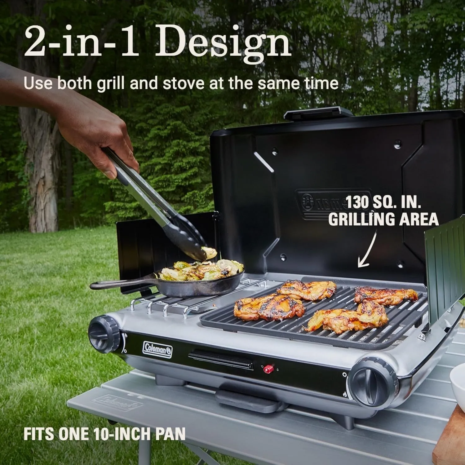 Coleman Tabletop 2-in-1 Grill & Stove with 2 Adjustable Burners Propane Grill/Stove with Push-Button Starter Wind Guards Grease Tray & 20000 BTUs of Power for Camping Tailgating & More