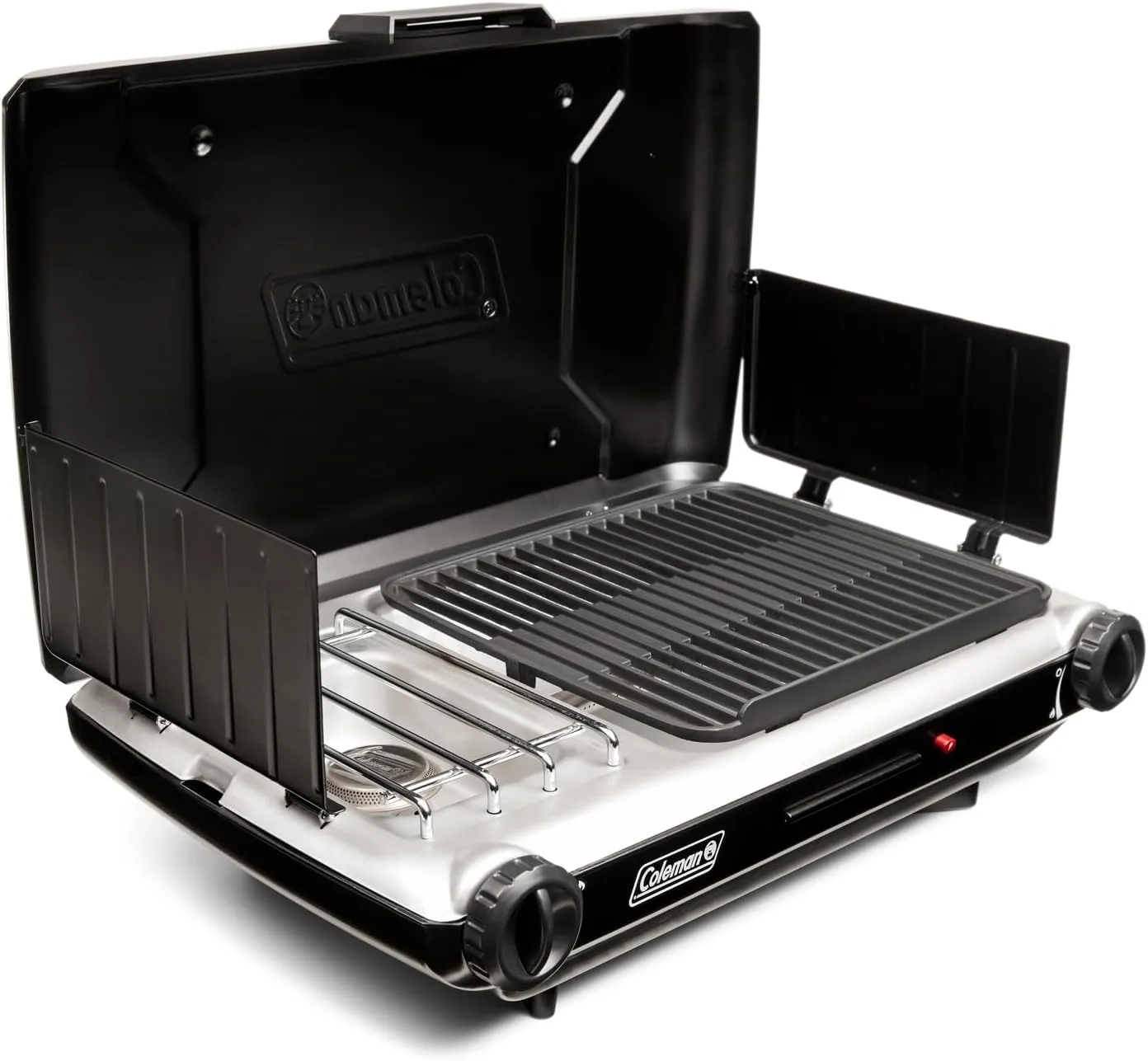 Coleman Tabletop 2-in-1 Grill & Stove with 2 Adjustable Burners Propane Grill/Stove with Push-Button Starter Wind Guards Grease Tray & 20000 BTUs of Power for Camping Tailgating & More