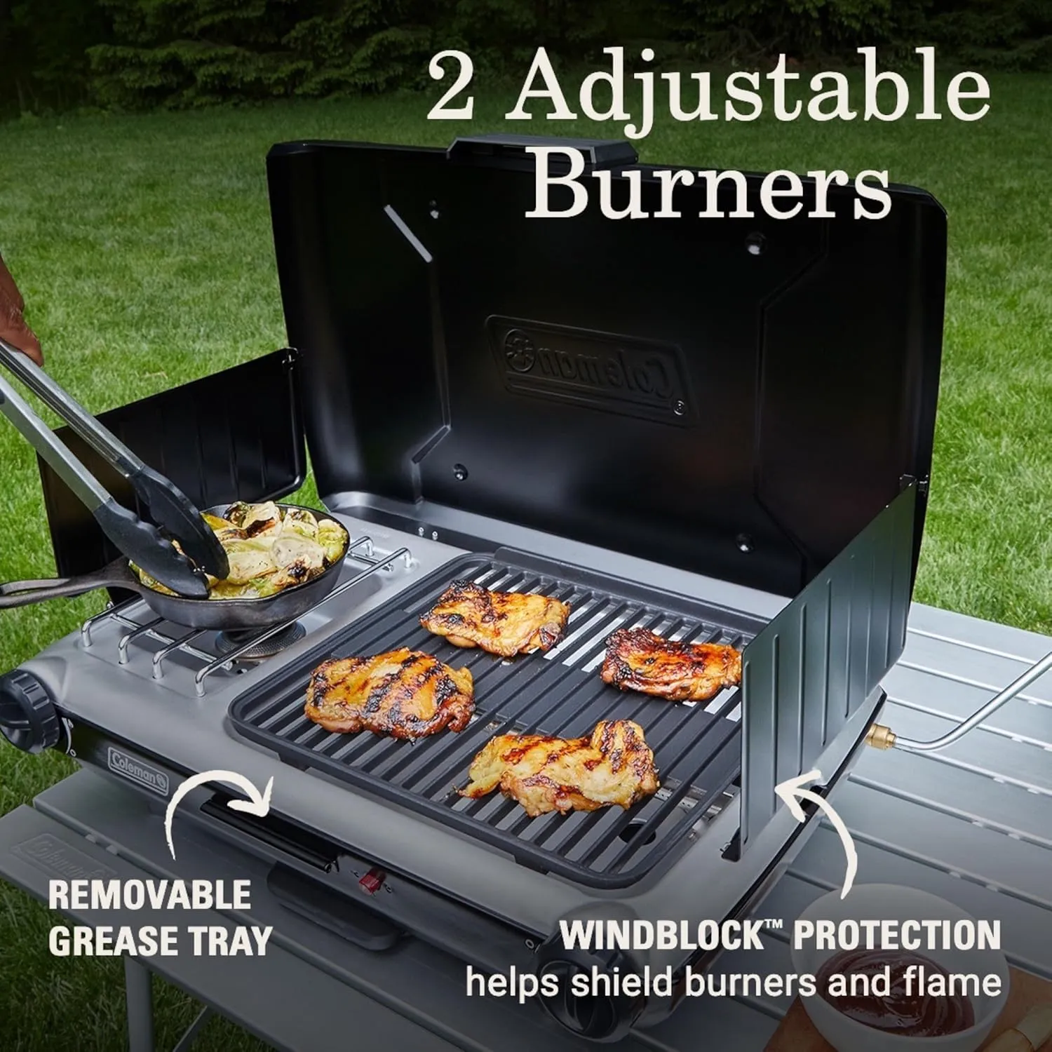 Coleman Tabletop 2-in-1 Grill & Stove with 2 Adjustable Burners Propane Grill/Stove with Push-Button Starter Wind Guards Grease Tray & 20000 BTUs of Power for Camping Tailgating & More