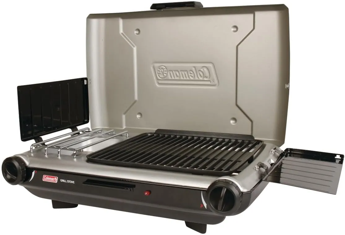 Coleman Tabletop 2-in-1 Grill & Stove with 2 Adjustable Burners Propane Grill/Stove with Push-Button Starter Wind Guards Grease Tray & 20000 BTUs of Power for Camping Tailgating & More