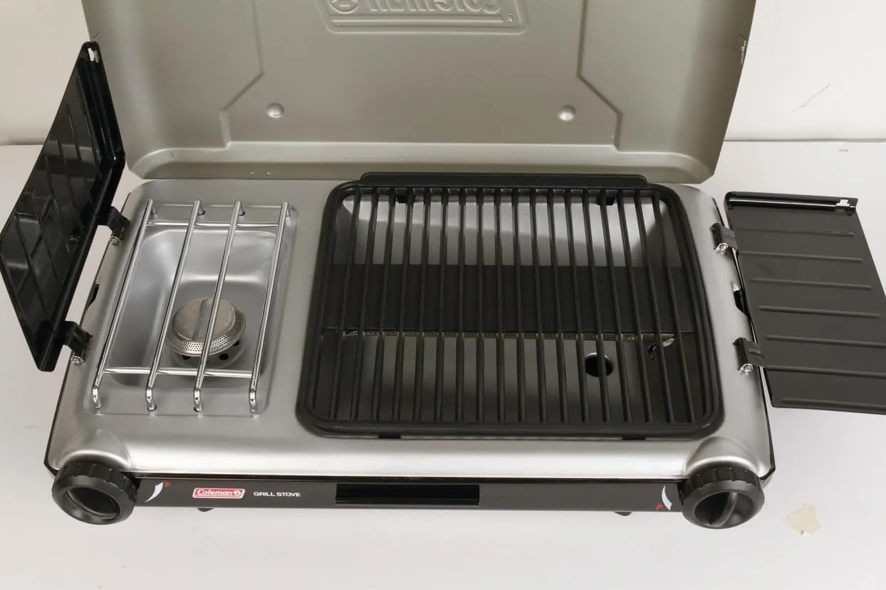 Coleman Tabletop 2-in-1 Grill & Stove with 2 Adjustable Burners Propane Grill/Stove with Push-Button Starter Wind Guards Grease Tray & 20000 BTUs of Power for Camping Tailgating & More