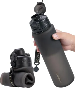 Collapsible 32oz Silicone Water Bottles, Foldable Travel Bottle with Strap, BPA Free, Leakproof for Hiking, International Travel, Outdoors(Black)