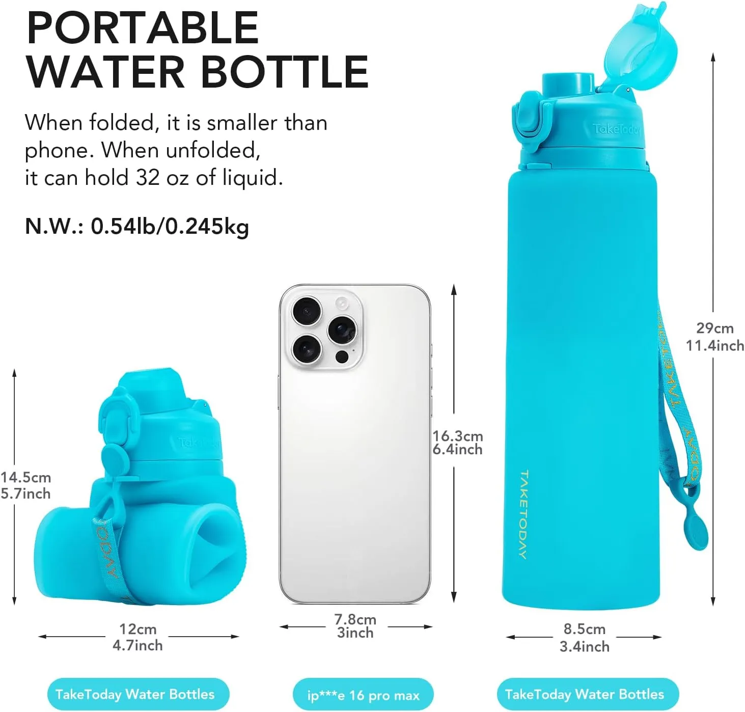 Collapsible 32oz Silicone Water Bottles, Foldable Travel Bottle with Strap, BPA Free, Leakproof for Hiking, International Travel, Outdoors(Black)