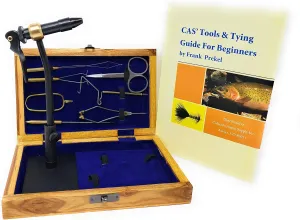 Colorado Anglers - Fly Tying Standard Tool Kit with Wooden Box & Book, Rotary Vise, Bobbin, Scissors, Whip Finisher, Complete Fly Fishing Set for Beginners & Pros