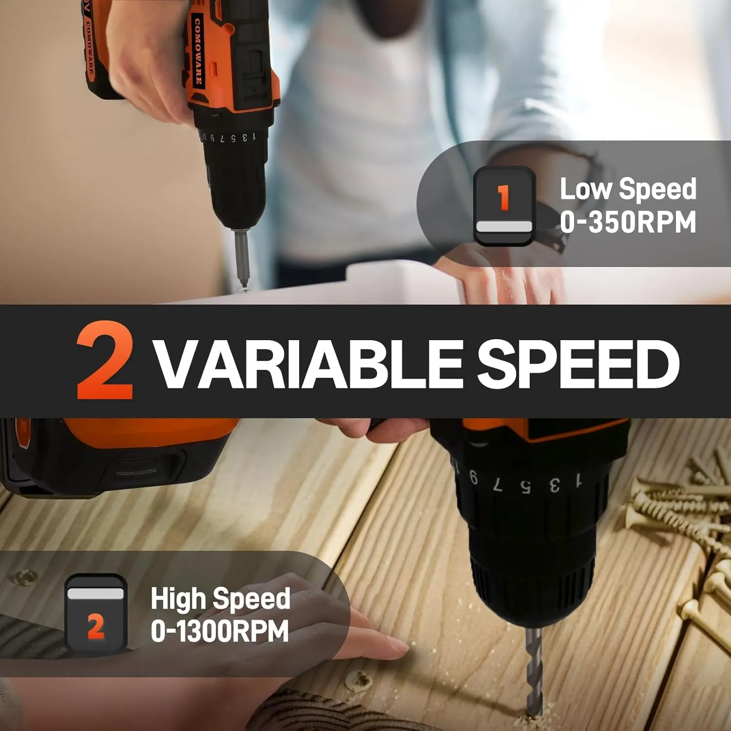 COMOWARE 171PCS Home Tool Kit with 20V Cordless Drill & Orange Storage Bag, All-in-One DIY Repair Set for Household Maintenance