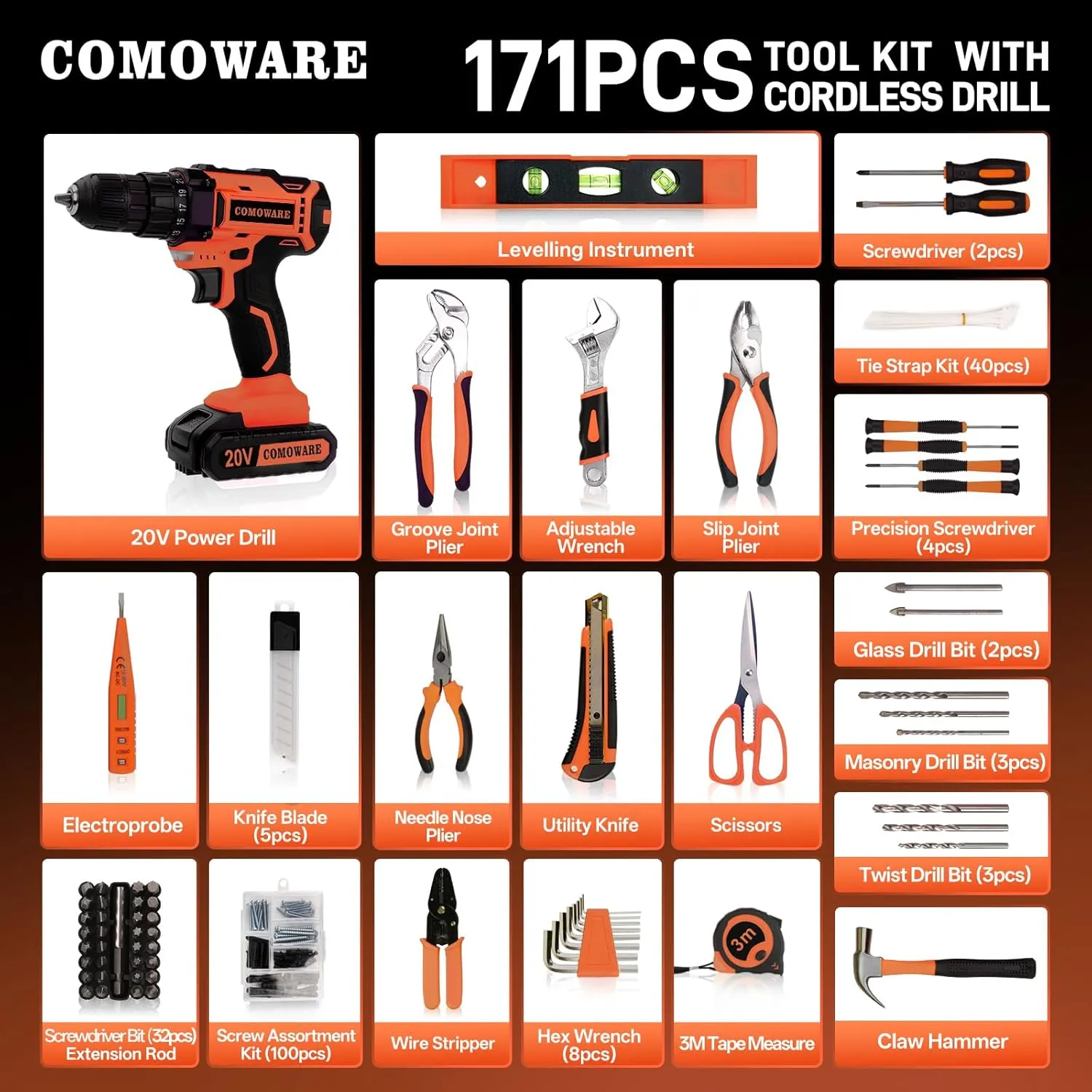 COMOWARE 171PCS Home Tool Kit with 20V Cordless Drill & Orange Storage Bag, All-in-One DIY Repair Set for Household Maintenance