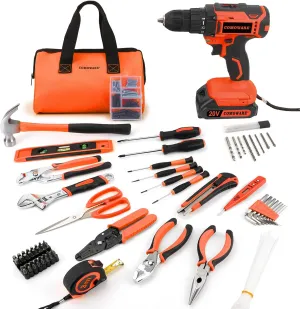 COMOWARE 171PCS Home Tool Kit with 20V Cordless Drill & Orange Storage Bag, All-in-One DIY Repair Set for Household Maintenance