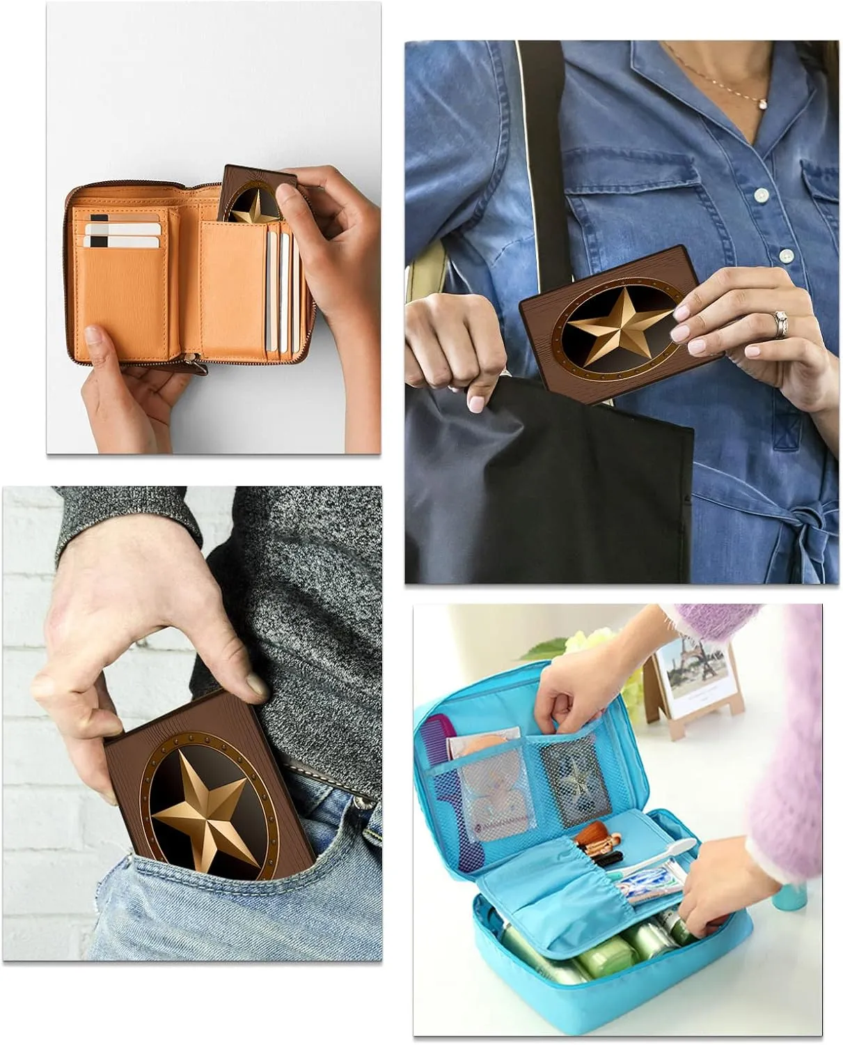 Compact Card Mirror, Unbreakable Stainless Steel Makeup Mirror Wooden Star Five Point Antiqued Army Military Armed Forces Rectangular Handheld Small Travel Mirror for Camping, Travelling