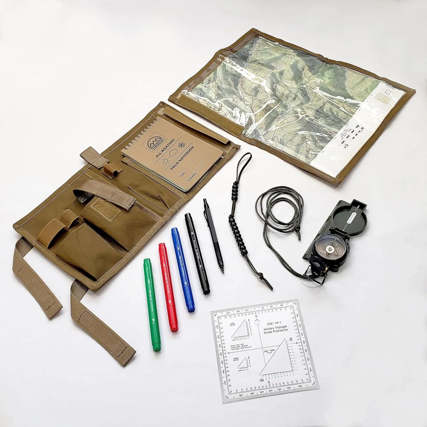 Compass Navigation Kit - Advanced Package - Includes Lensatic Military Style Compass, Multifunction Case, Ranger Beads, Protractor, and Markers - Everthing Needed to Get Started