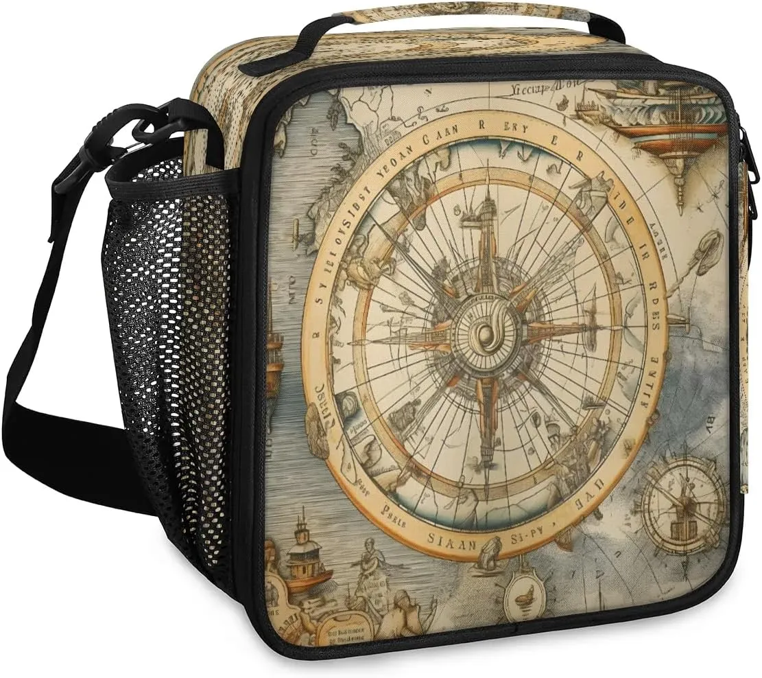 Compass Navigation Lunch Box for Women, Reusable Insulated Lunch Bag, Lunchbox for Adult with Shoulder Strap, Lunch Tote Cooler Bags for Work Picnic Camping