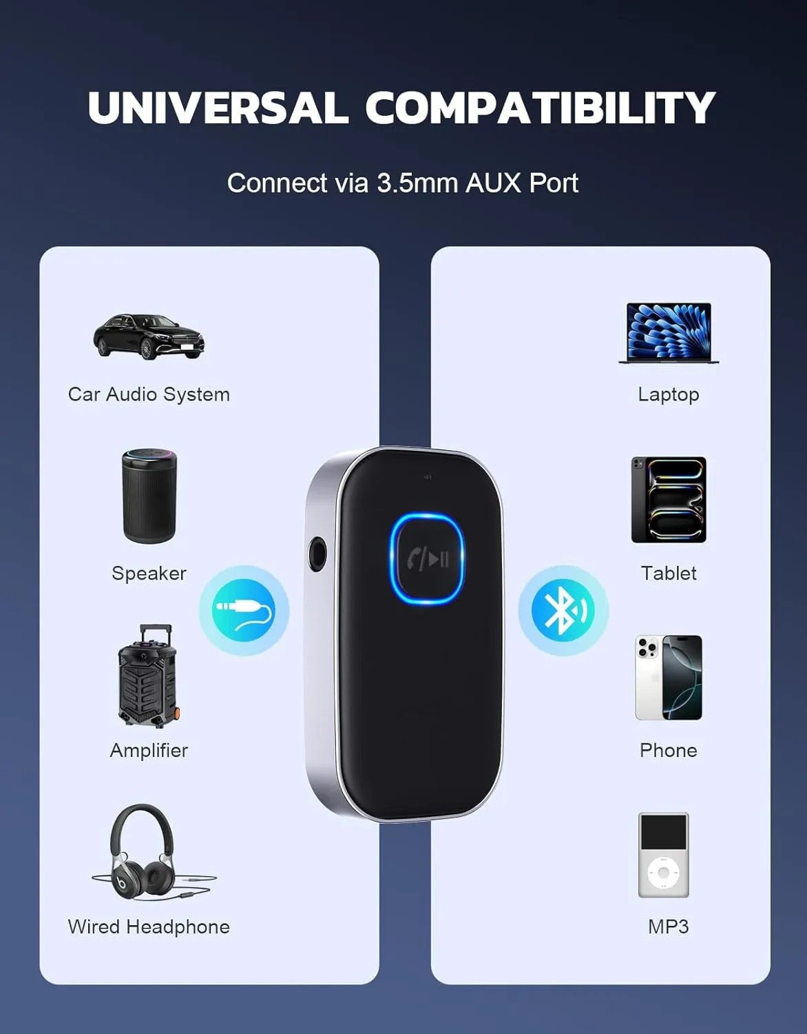 COMSOON Bluetooth Receiver for Car, Noise Cancelling 3.5mm AUX Bluetooth Car Adapter, Wireless Audio Receiver for Home Stereo/Wired Headphones, Hands-Free Call, 16H Battery Life - Black Silver