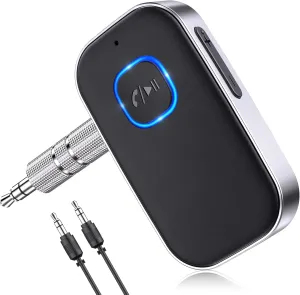 COMSOON Bluetooth Receiver for Car, Noise Cancelling 3.5mm AUX Bluetooth Car Adapter, Wireless Audio Receiver for Home Stereo/Wired Headphones, Hands-Free Call, 16H Battery Life - Black Silver