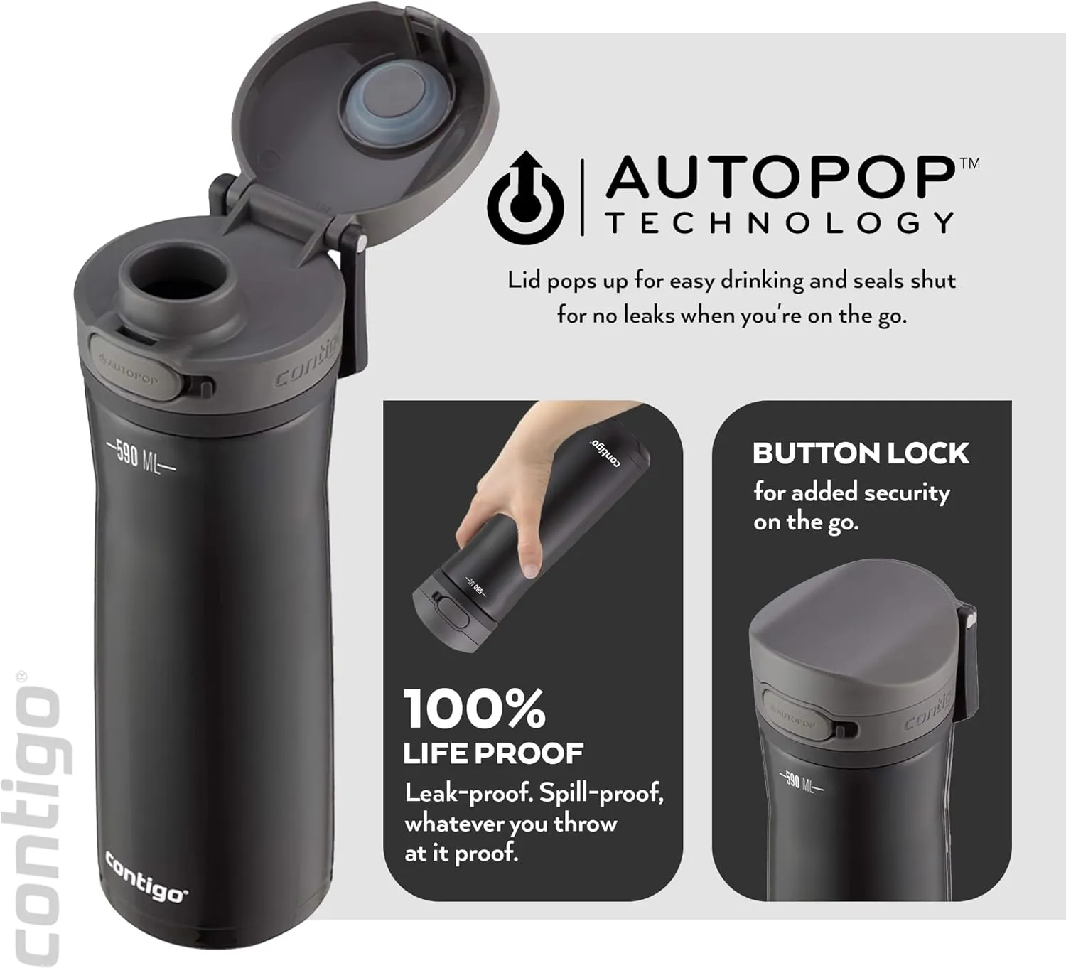 Contigo Jackson Chill Thermal Water Bottle, 590 ml Large BPA-Free Stainless Steel Water Bottle, Leak-Proof Lid, Cools Drinks for up to 12 Hours, Liquorice