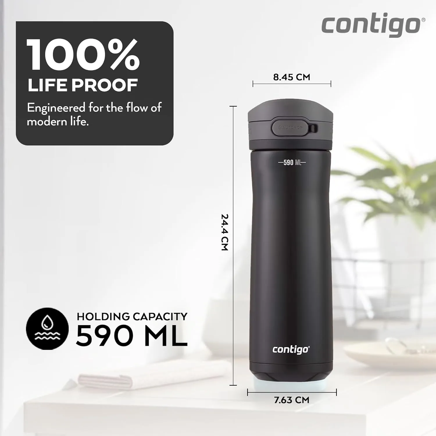 Contigo Jackson Chill Thermal Water Bottle, 590 ml Large BPA-Free Stainless Steel Water Bottle, Leak-Proof Lid, Cools Drinks for up to 12 Hours, Liquorice