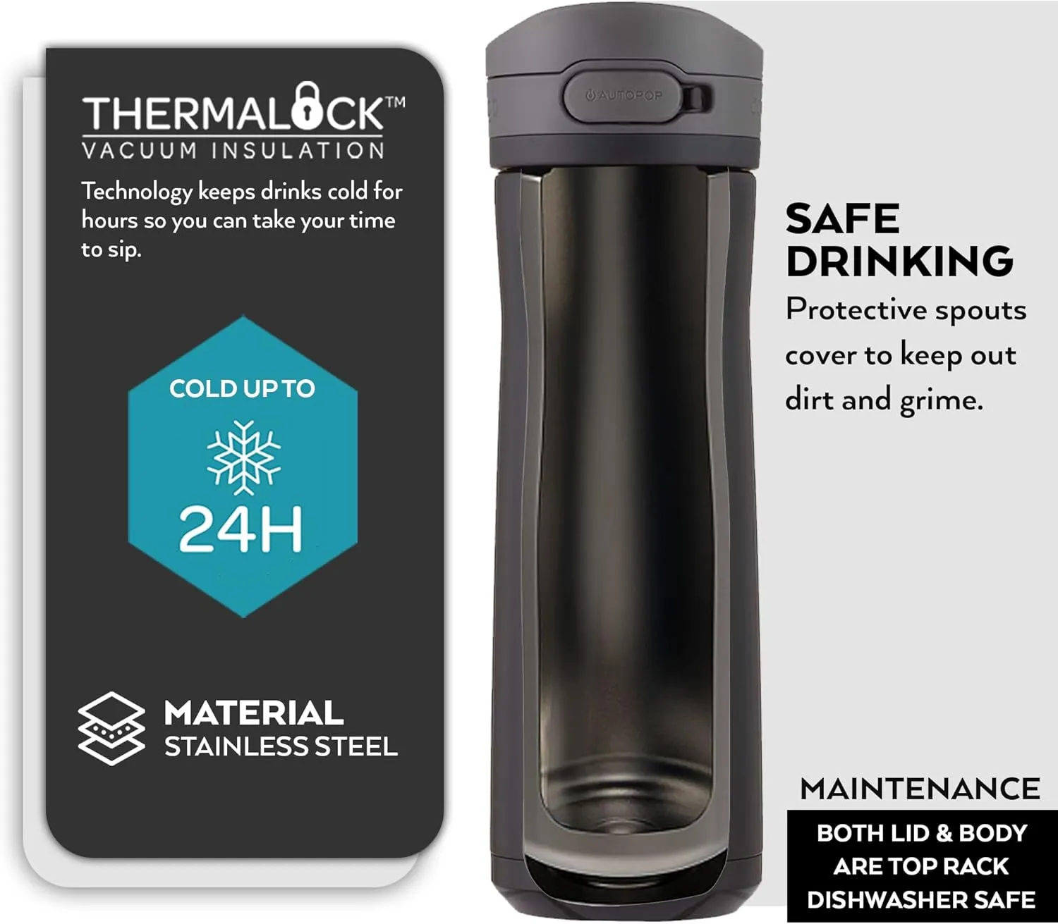 Contigo Jackson Chill Thermal Water Bottle, 590 ml Large BPA-Free Stainless Steel Water Bottle, Leak-Proof Lid, Cools Drinks for up to 12 Hours, Liquorice