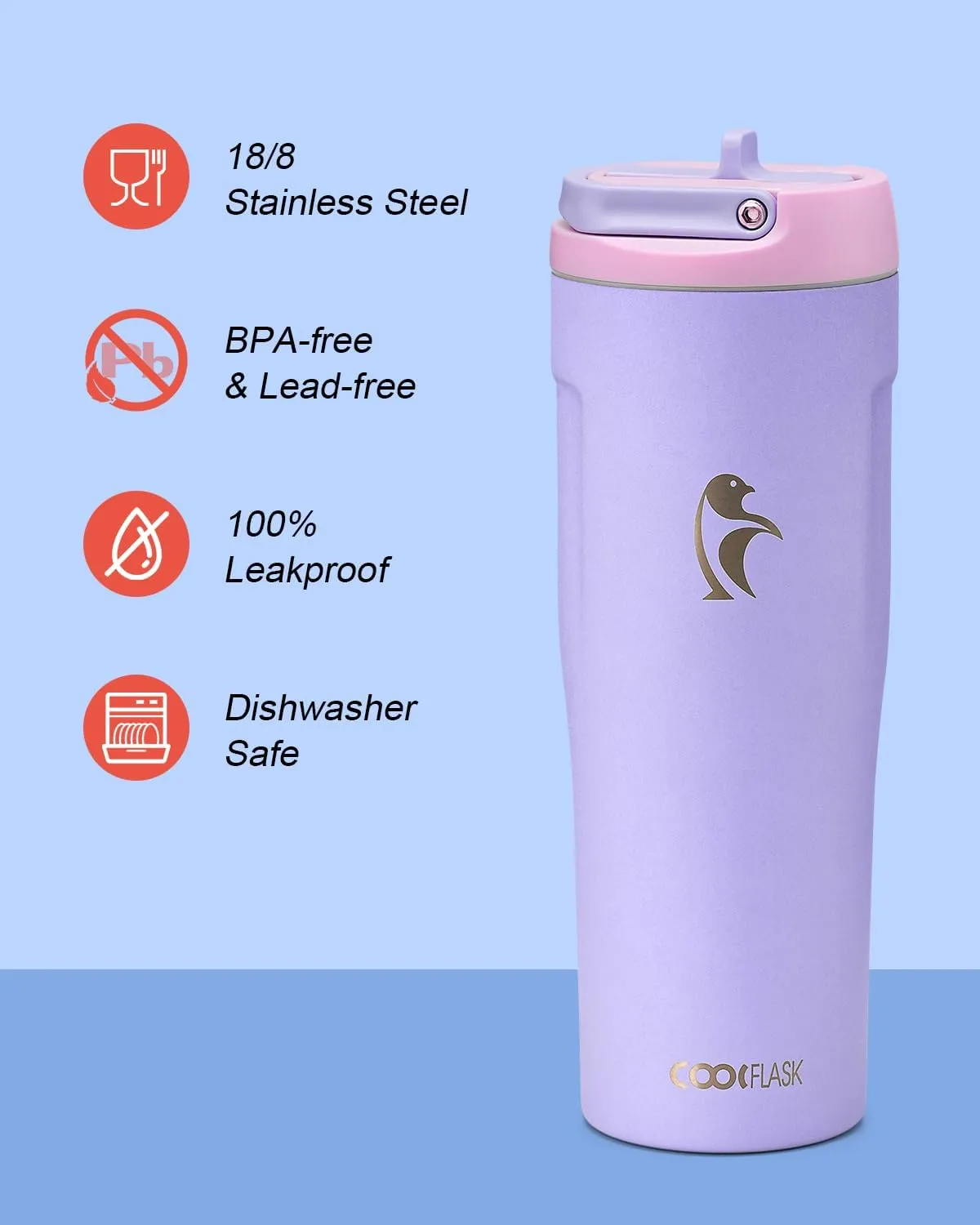 Coolflask 32 oz Insulated Water Bottle, Slim Tumblers with Straw Lid & Handle, Fits Car Cup Holder, Stainless Steel Thermo Flask for Sports, Gym, Travel, Office, Dishwasher Safe, Lavender