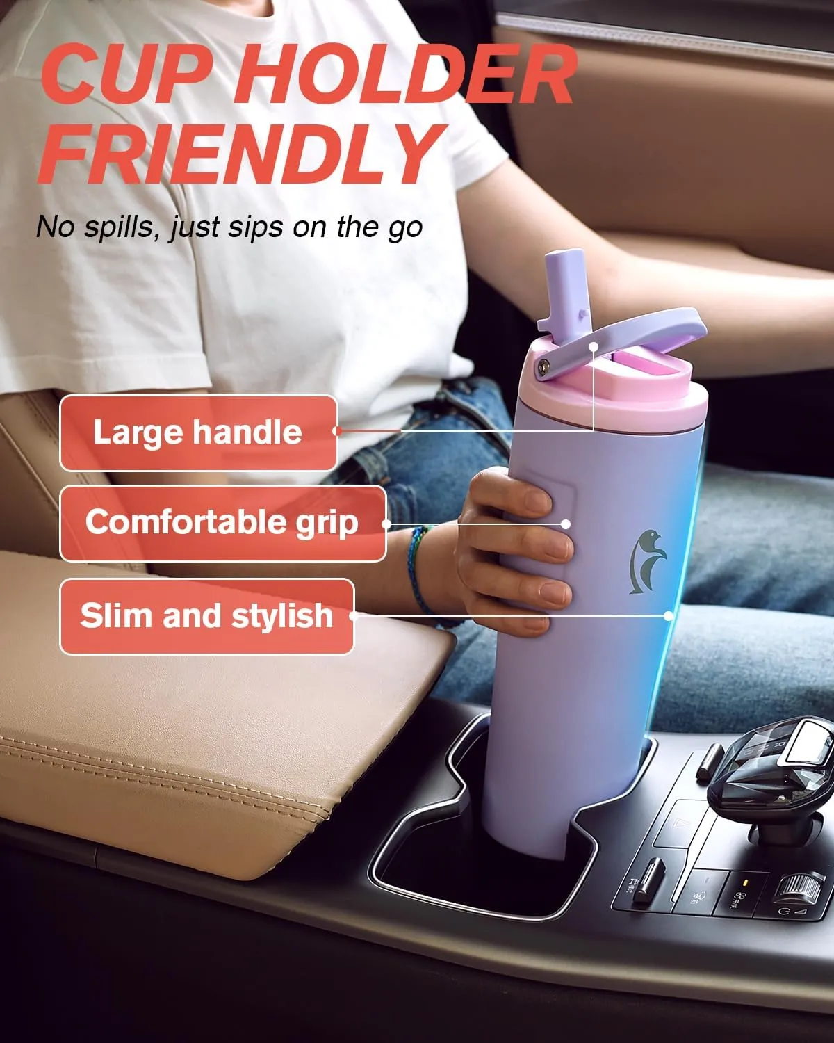 Coolflask 32 oz Insulated Water Bottle, Slim Tumblers with Straw Lid & Handle, Fits Car Cup Holder, Stainless Steel Thermo Flask for Sports, Gym, Travel, Office, Dishwasher Safe, Lavender