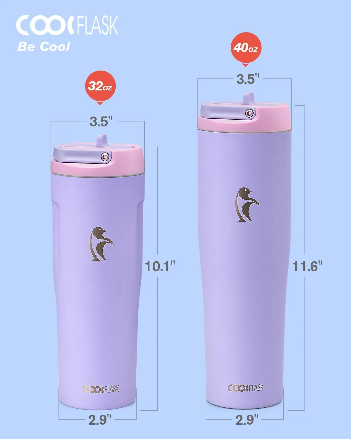 Coolflask 32 oz Insulated Water Bottle, Slim Tumblers with Straw Lid & Handle, Fits Car Cup Holder, Stainless Steel Thermo Flask for Sports, Gym, Travel, Office, Dishwasher Safe, Lavender