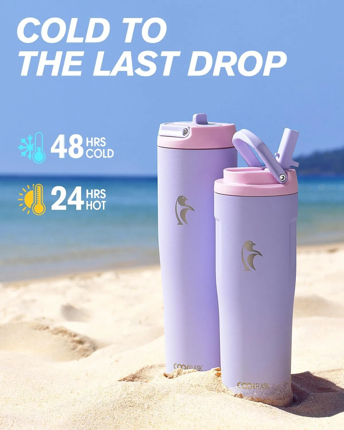 Coolflask 32 oz Insulated Water Bottle, Slim Tumblers with Straw Lid & Handle, Fits Car Cup Holder, Stainless Steel Thermo Flask for Sports, Gym, Travel, Office, Dishwasher Safe, Lavender