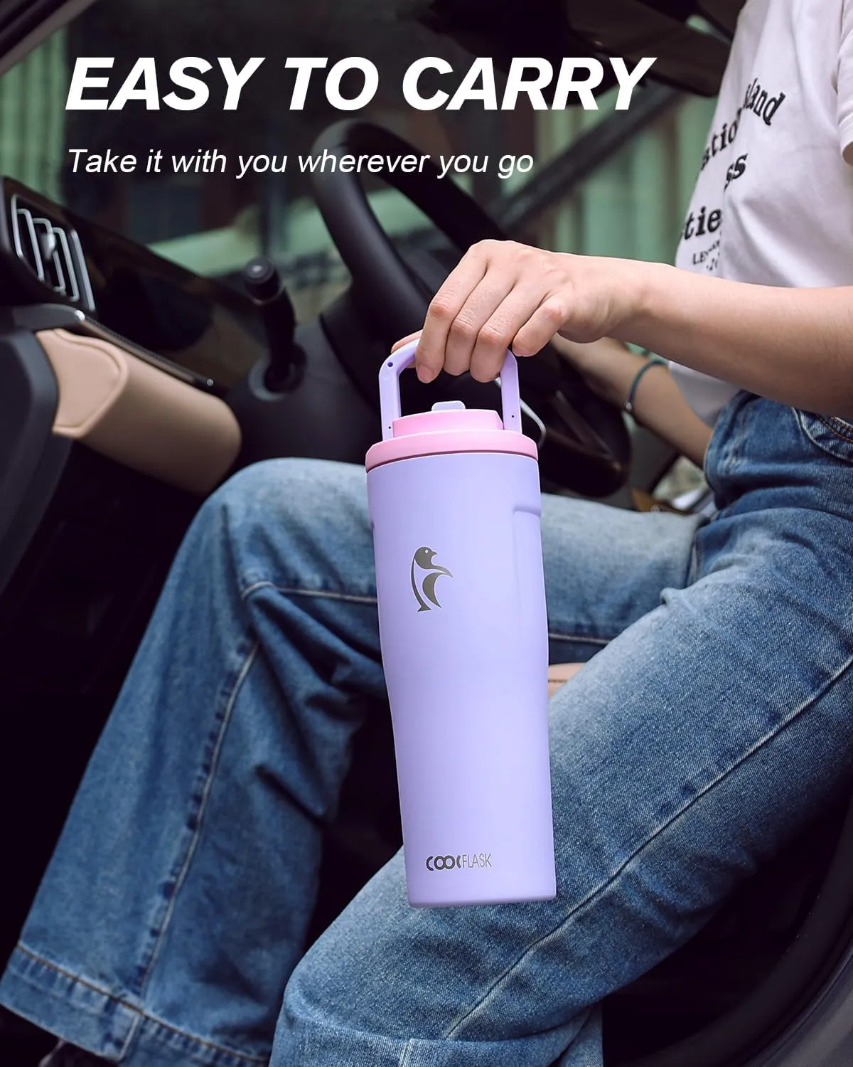 Coolflask 32 oz Insulated Water Bottle, Slim Tumblers with Straw Lid & Handle, Fits Car Cup Holder, Stainless Steel Thermo Flask for Sports, Gym, Travel, Office, Dishwasher Safe, Lavender
